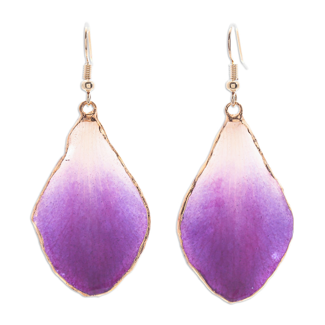 White and Purple Orchid 22k Gold-Accented Dangle Earrings - Magical Petal