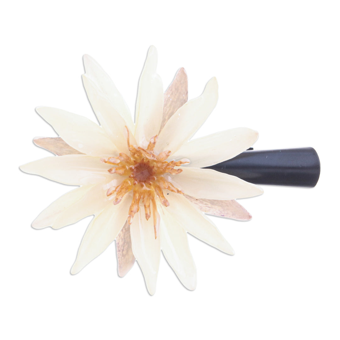 Hair Clip with Resin-Coated Natural Water Lily in Ivory - Chic Ivory Water Lily