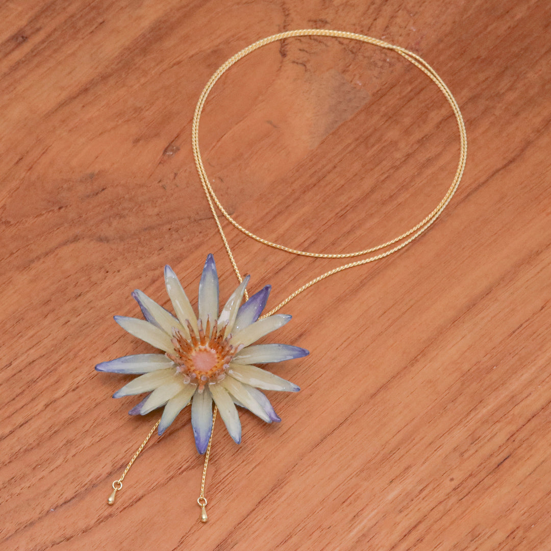 Natural Water Lily Lariat Necklace with Gold-Plated Chain - Chic Water Lily