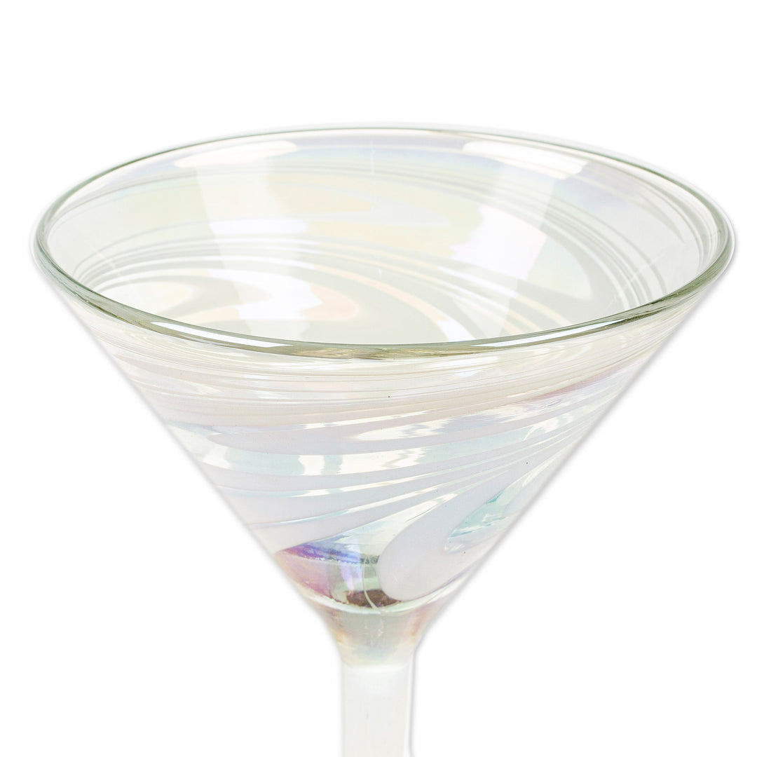 Set of 2 White Handblown Martini Glasses from Mexico - Whirling White