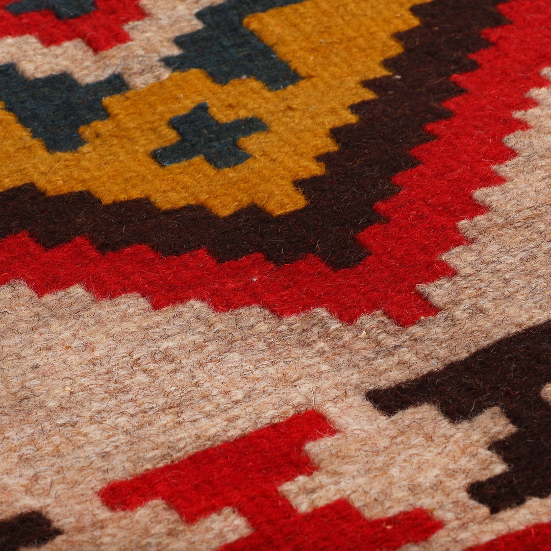 Folk Art Sun-Themed Wool and Cotton Blend Area Rug (2x2) - Arevagorg Blessing