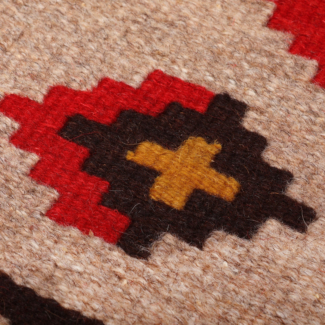 Folk Art Sun-Themed Wool and Cotton Blend Area Rug (2x2) - Arevagorg Blessing