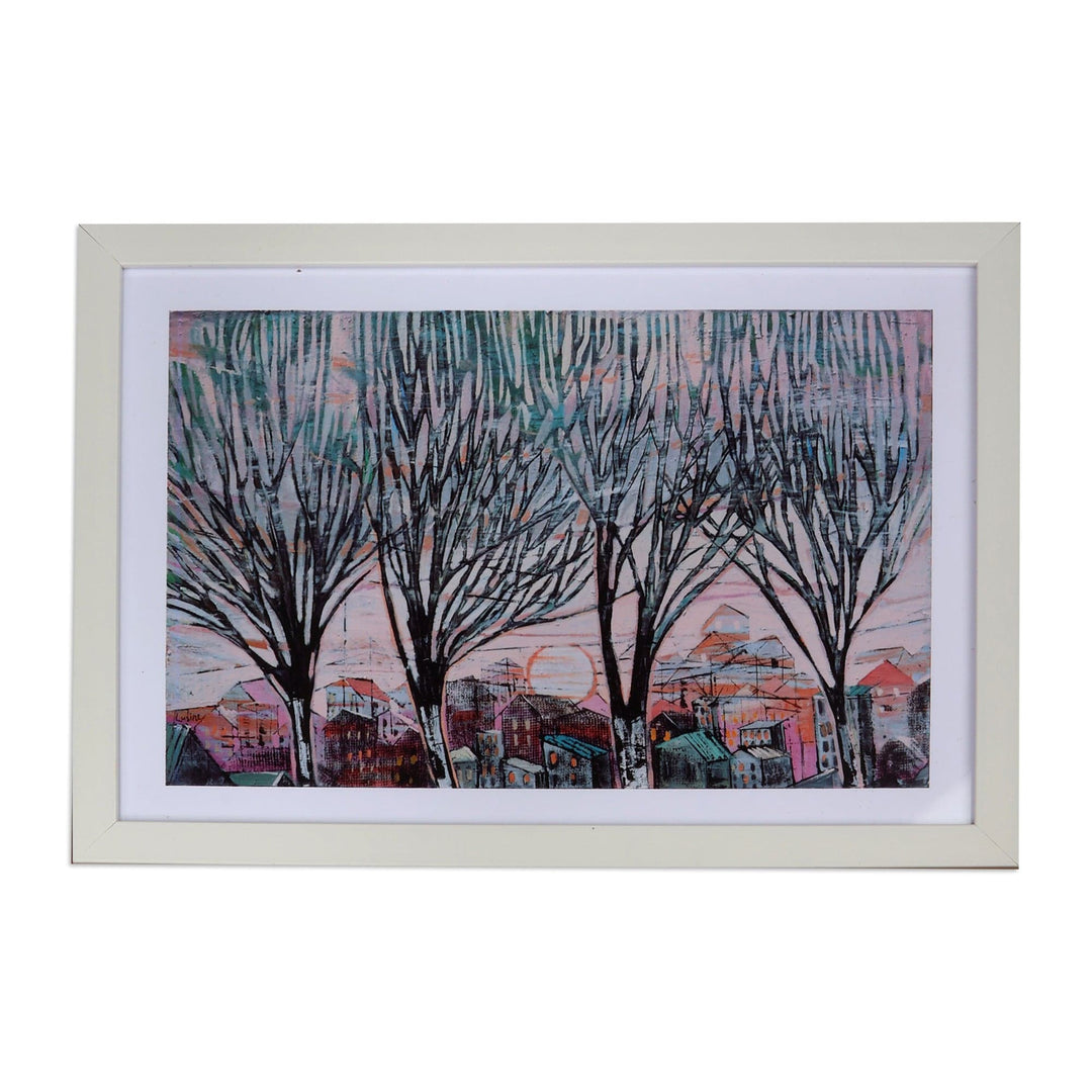 Framed Sunset Village Themed Giclée Art Print on Photo Paper - Rose Sunset