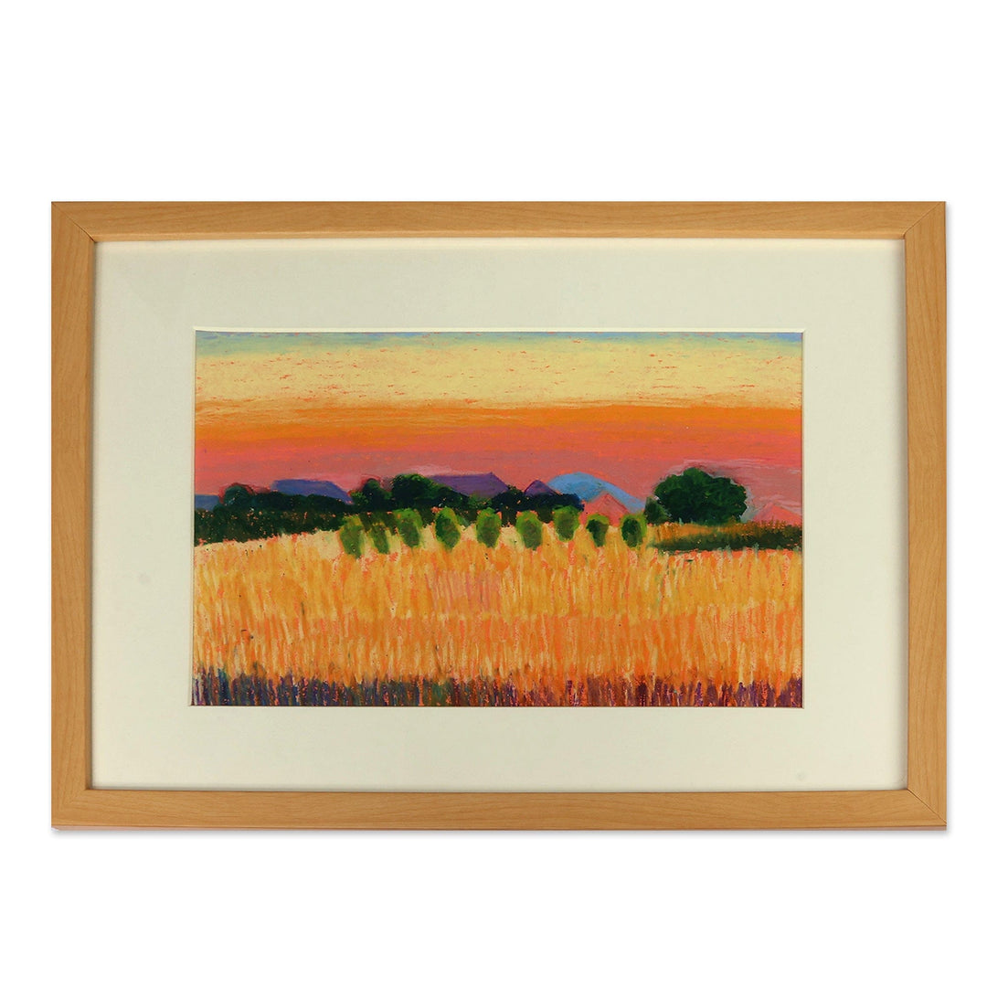 Framed Oil on Paper Landscape Painting of Sunset on Field - Sunset