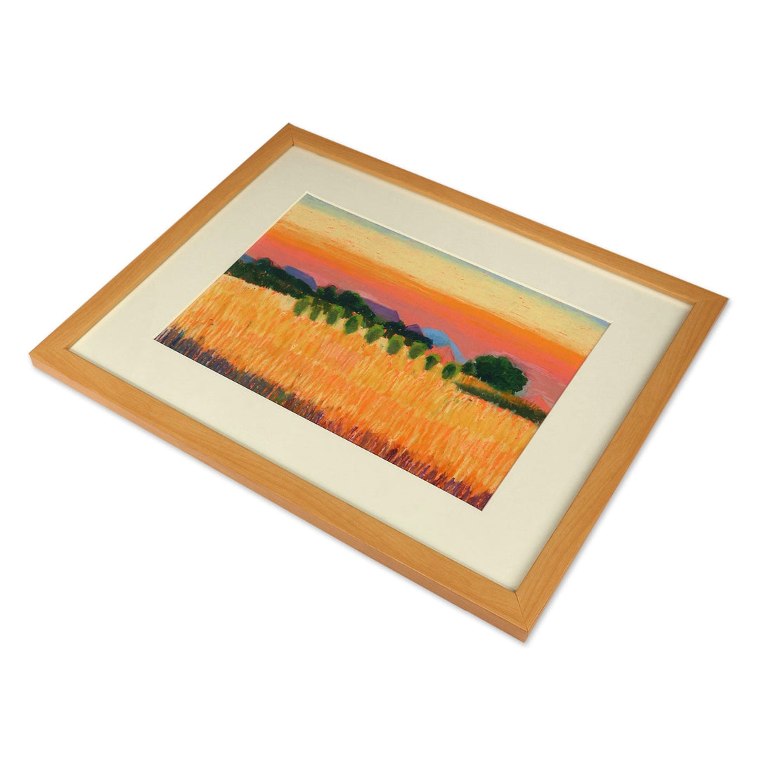 Framed Oil on Paper Landscape Painting of Sunset on Field - Sunset