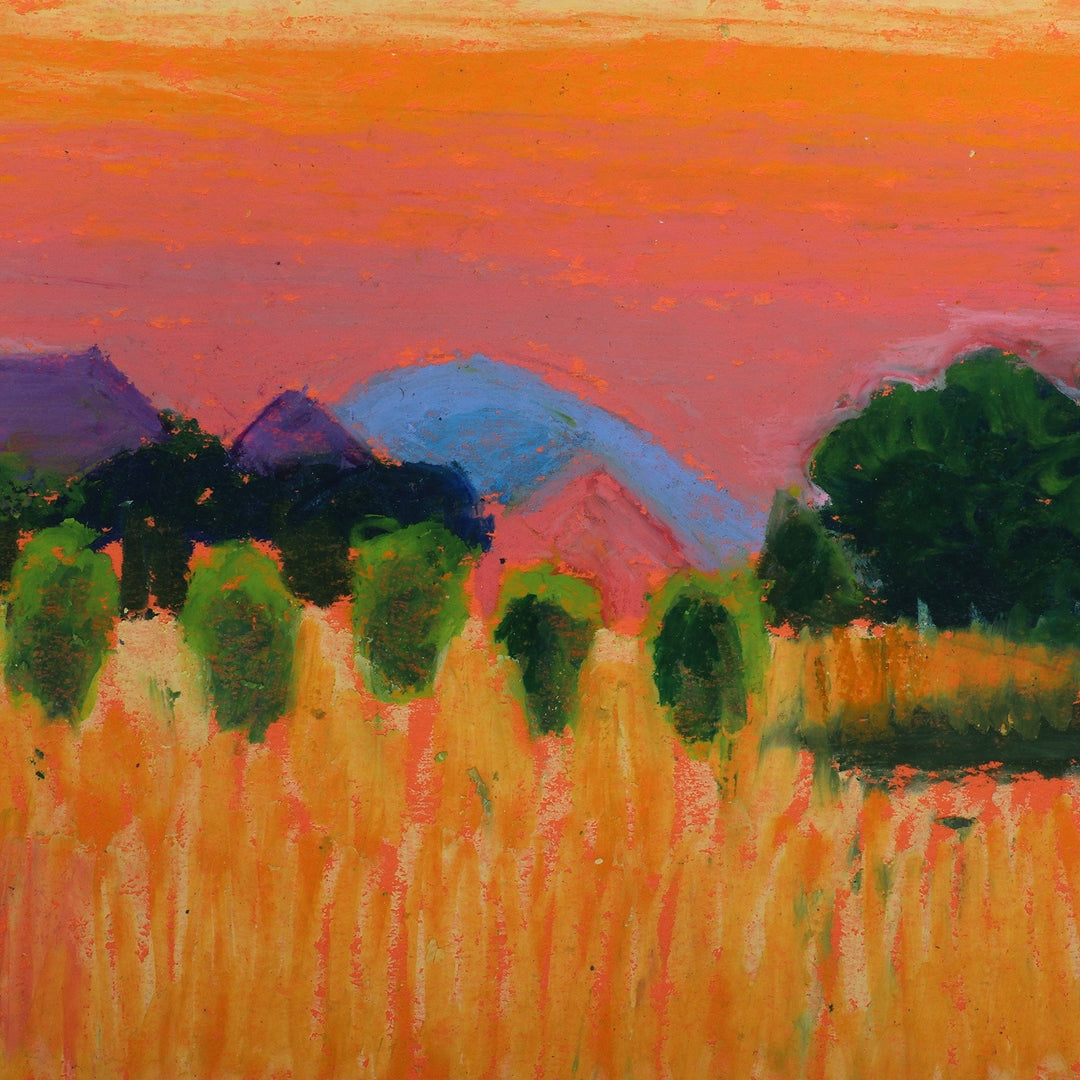 Framed Oil on Paper Landscape Painting of Sunset on Field - Sunset