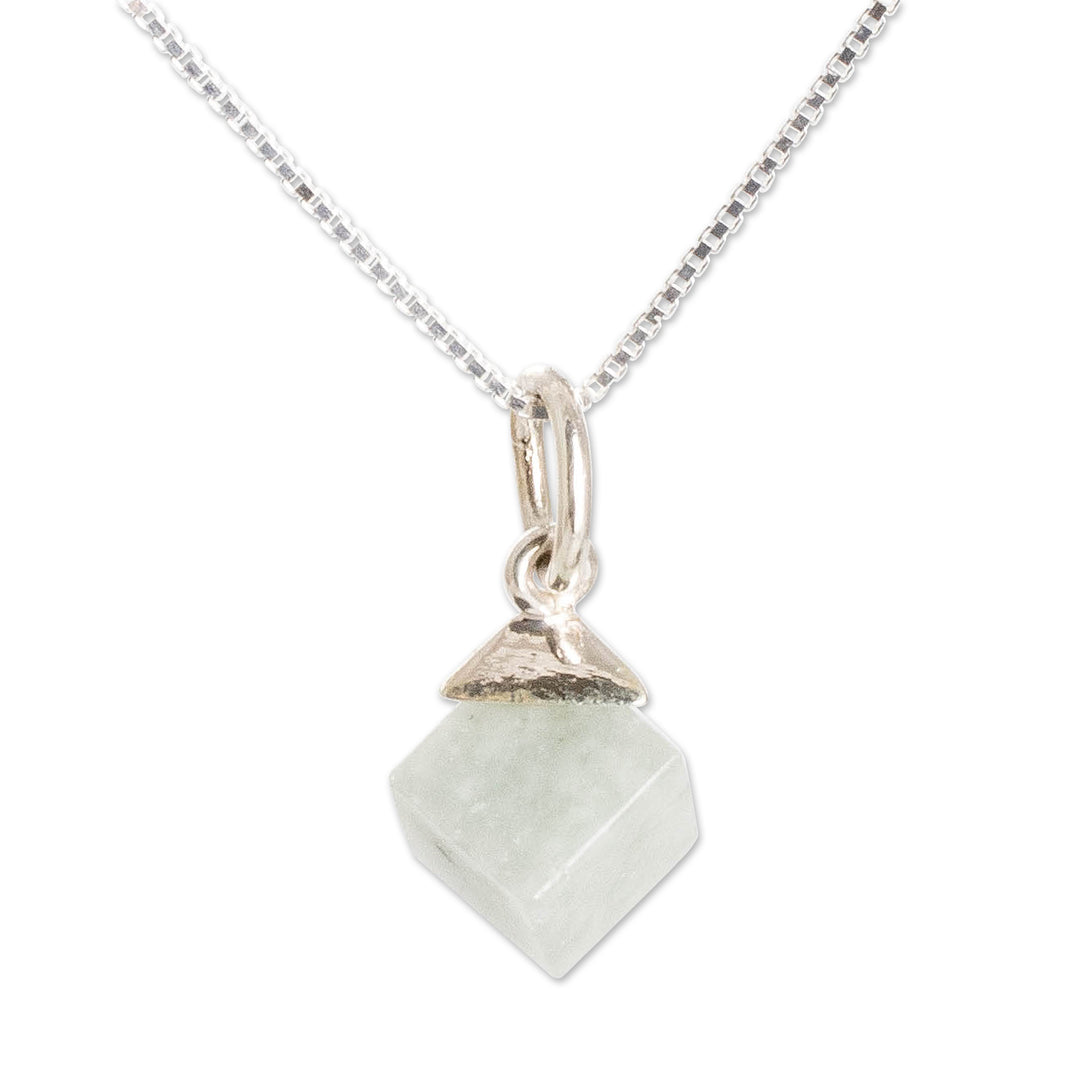 Modern Apple Green Jade Silver Cube-Shaped Pendant Necklace - Green Cube