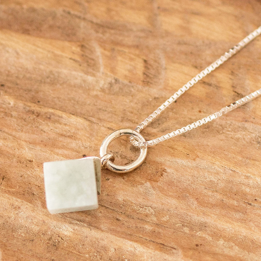 Modern Apple Green Jade Silver Cube-Shaped Pendant Necklace - Green Cube