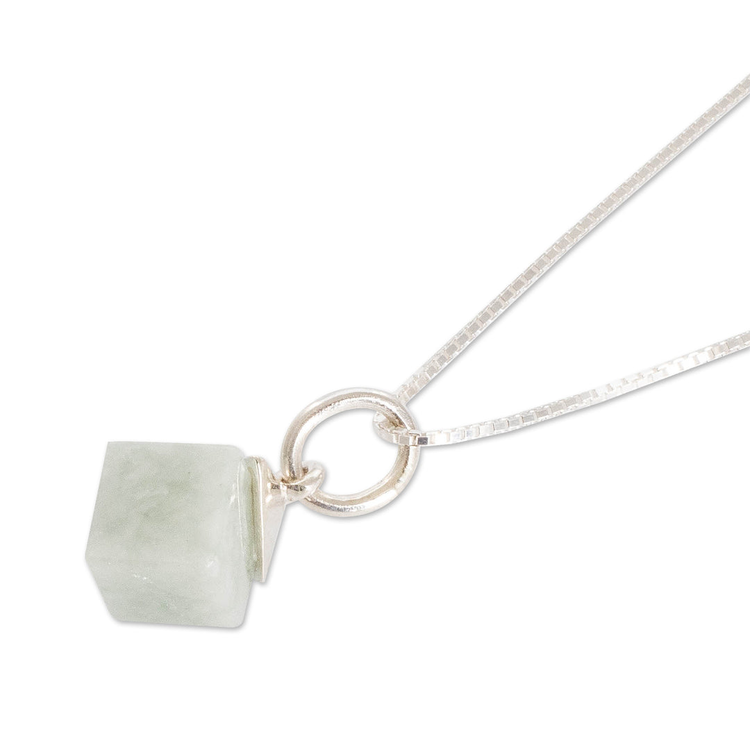 Modern Apple Green Jade Silver Cube-Shaped Pendant Necklace - Green Cube