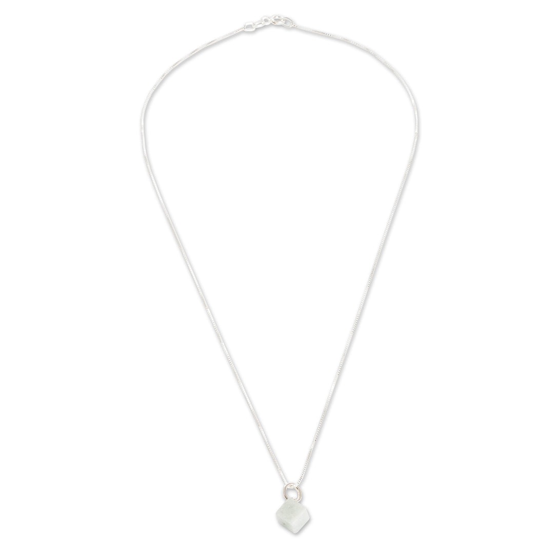 Modern Apple Green Jade Silver Cube-Shaped Pendant Necklace - Green Cube