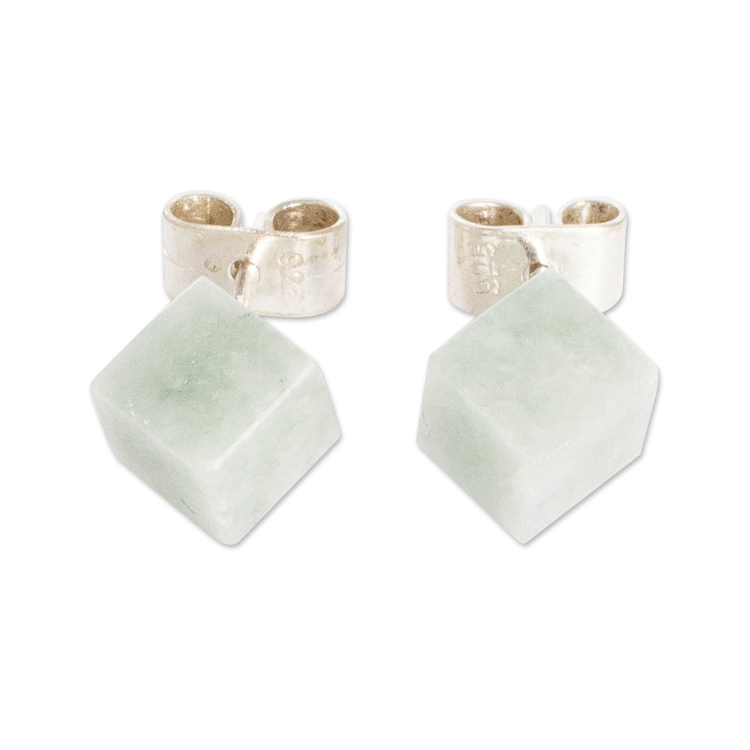 Minimalist Apple Green Jade Silver Cube Button Earrings - Green Cube