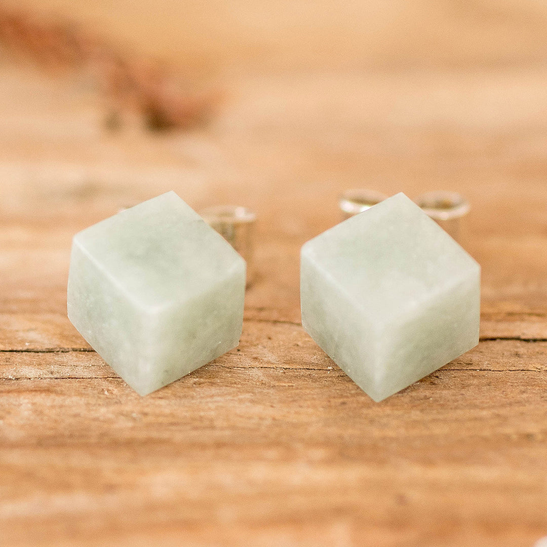 Minimalist Apple Green Jade Silver Cube Button Earrings - Green Cube
