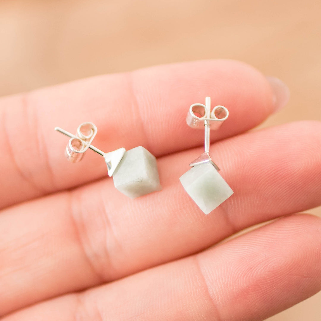 Minimalist Apple Green Jade Silver Cube Button Earrings - Green Cube