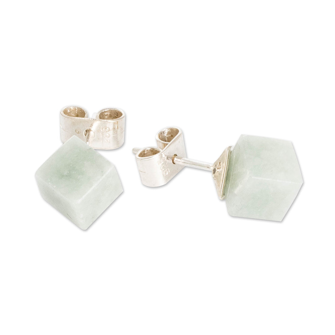 Minimalist Apple Green Jade Silver Cube Button Earrings - Green Cube