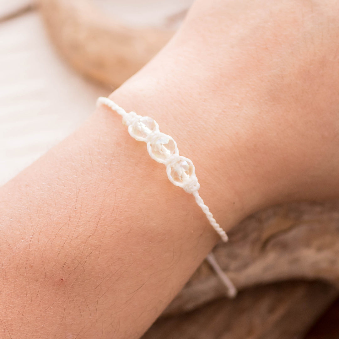 Macrame Bracelet with Crystal Beaded Pendant in White Hue - White Stellar Spark