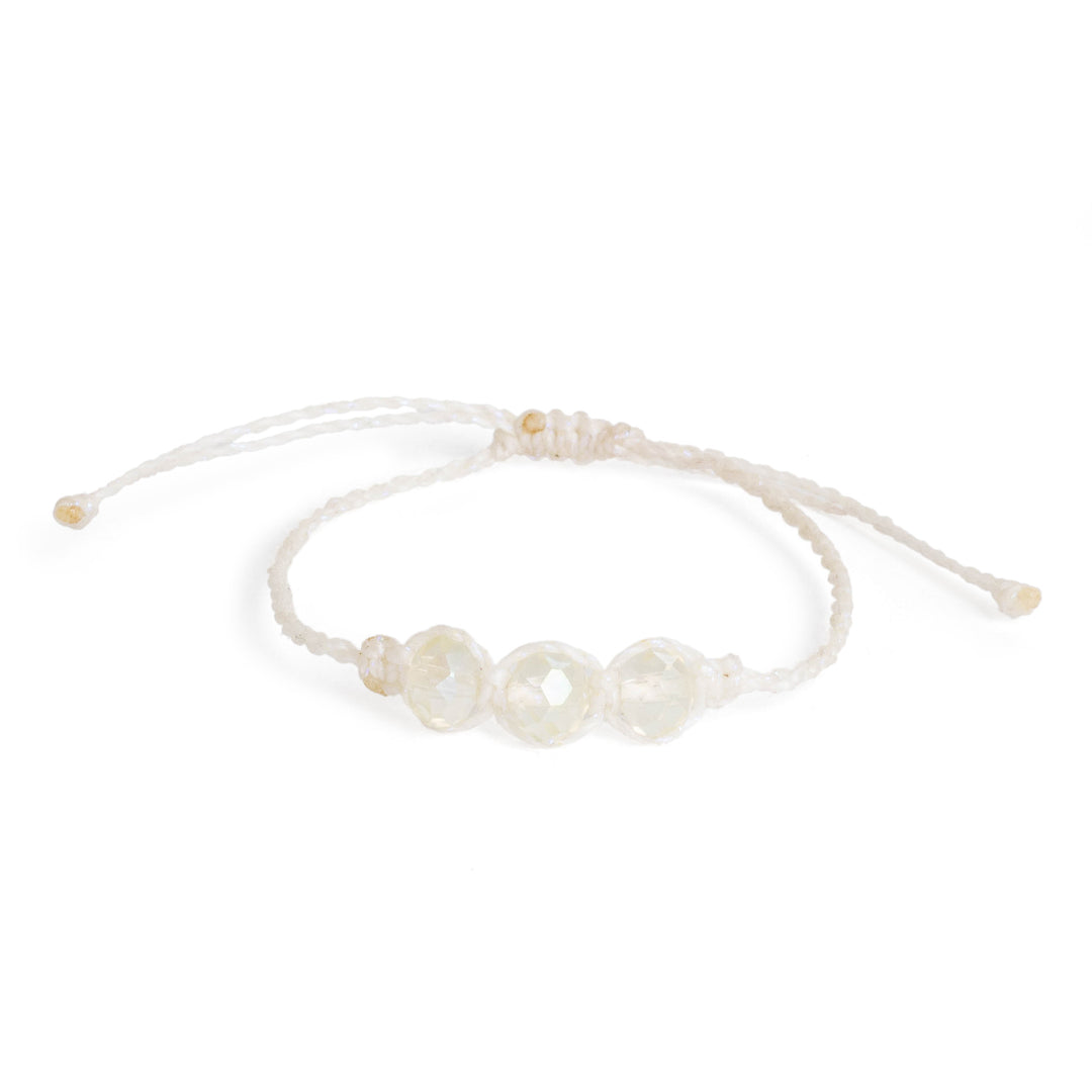 Macrame Bracelet with Crystal Beaded Pendant in White Hue - White Stellar Spark