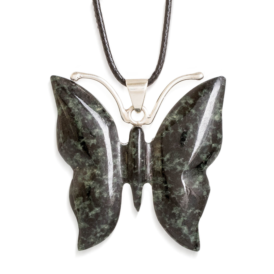 Dark Green Jade Butterfly Pendant Necklace with Cotton Cord - Butterfly Power