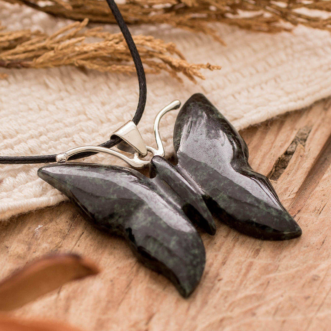 Dark Green Jade Butterfly Pendant Necklace with Cotton Cord - Butterfly Power