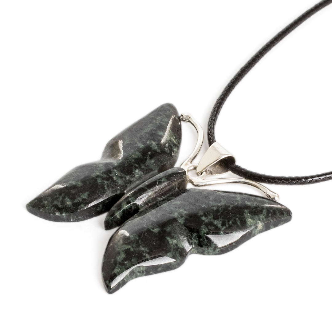 Dark Green Jade Butterfly Pendant Necklace with Cotton Cord - Butterfly Power