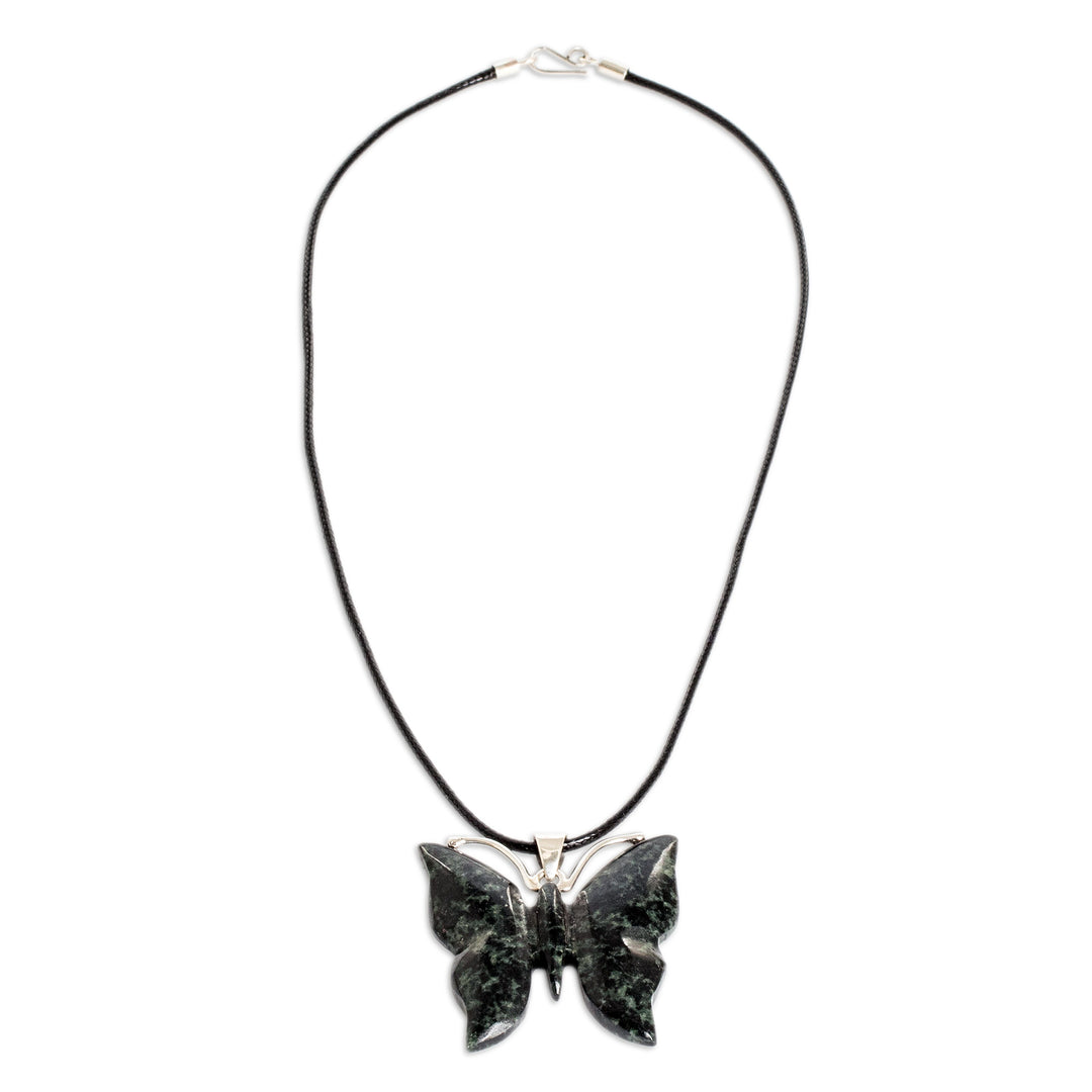 Dark Green Jade Butterfly Pendant Necklace with Cotton Cord - Butterfly Power