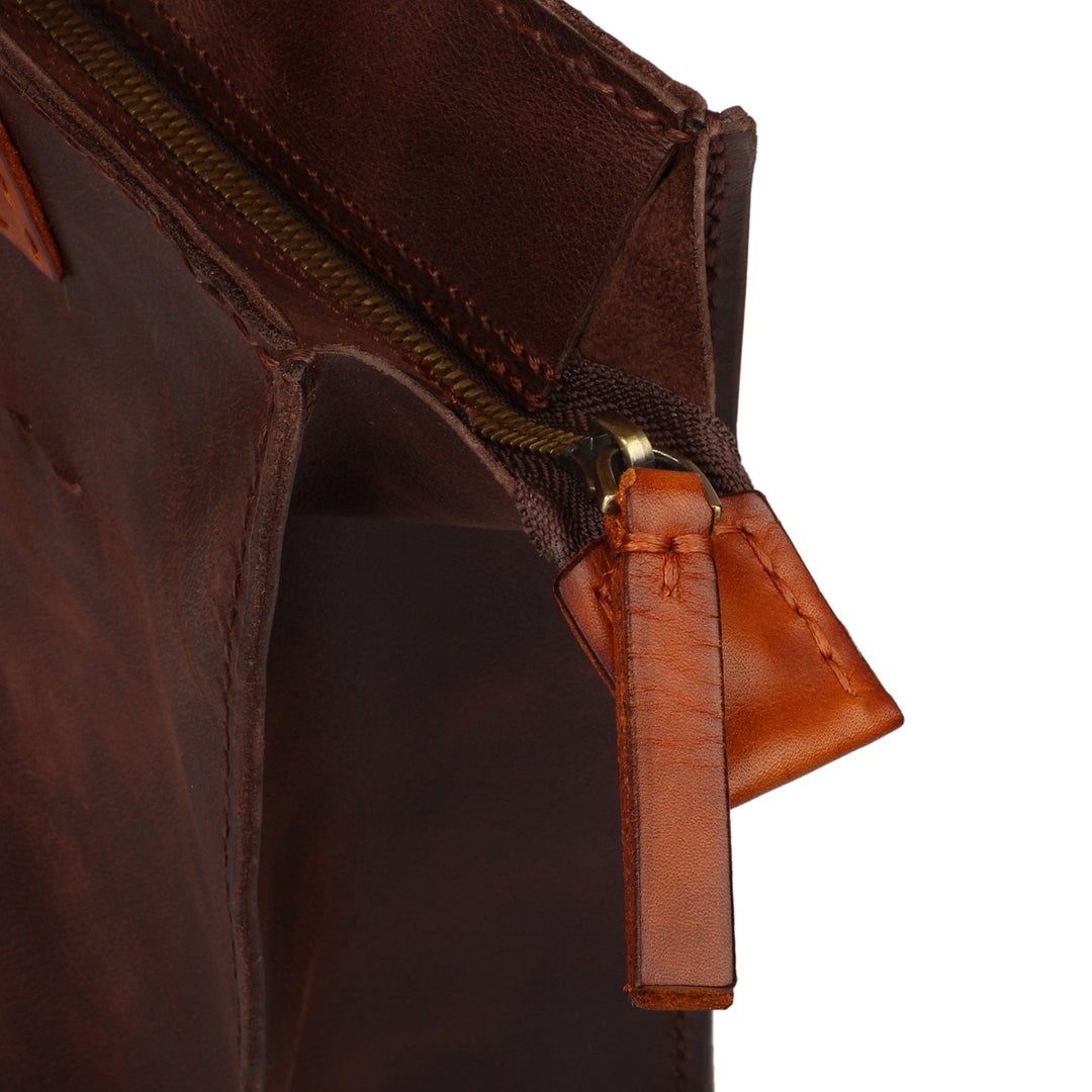 Chocolate Brown Leather Shoulder Bag with Zipper Closure - Bohemian Chocolate