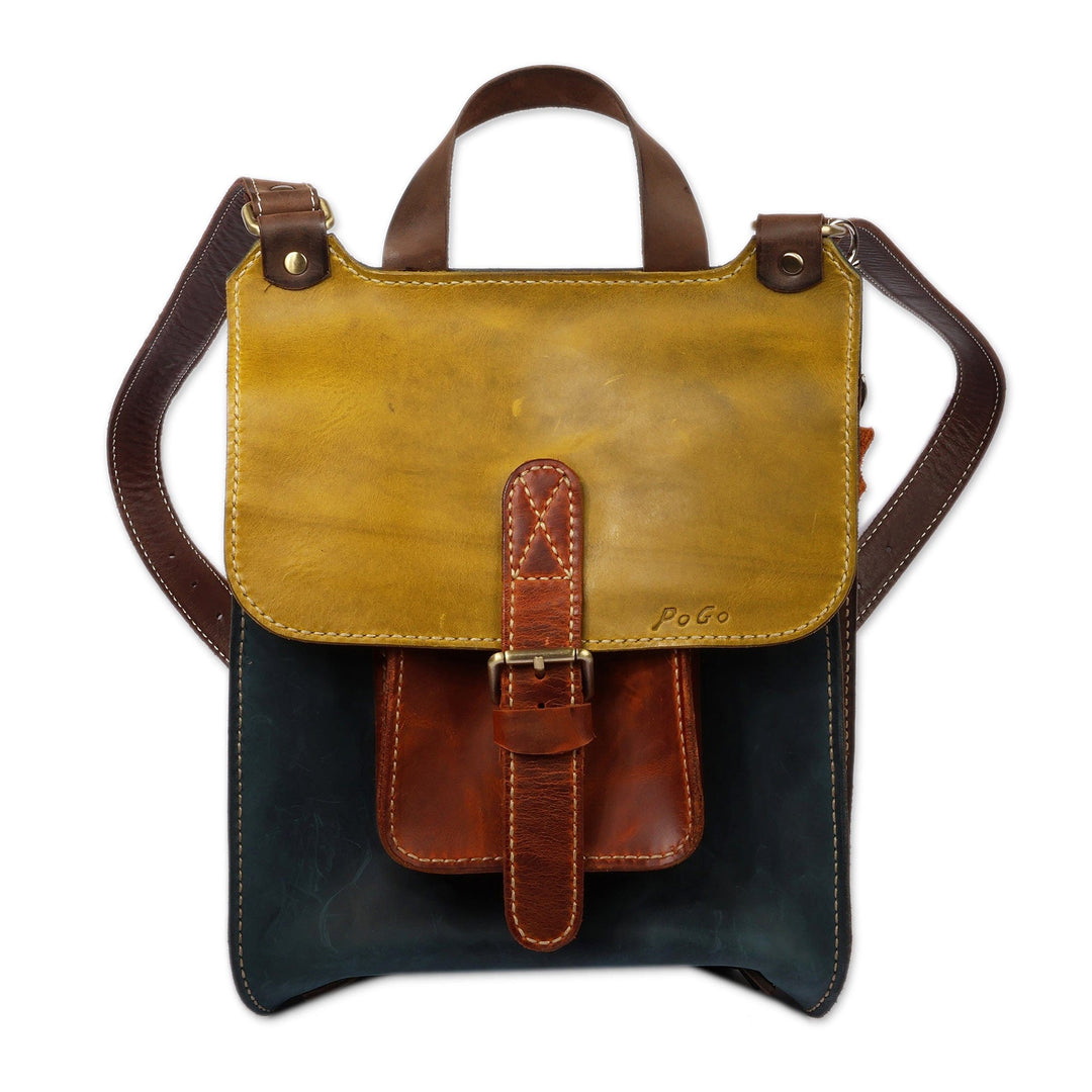 Classic Adjustable Green and Navy 100% Leather Backpack - Intellectual Essence