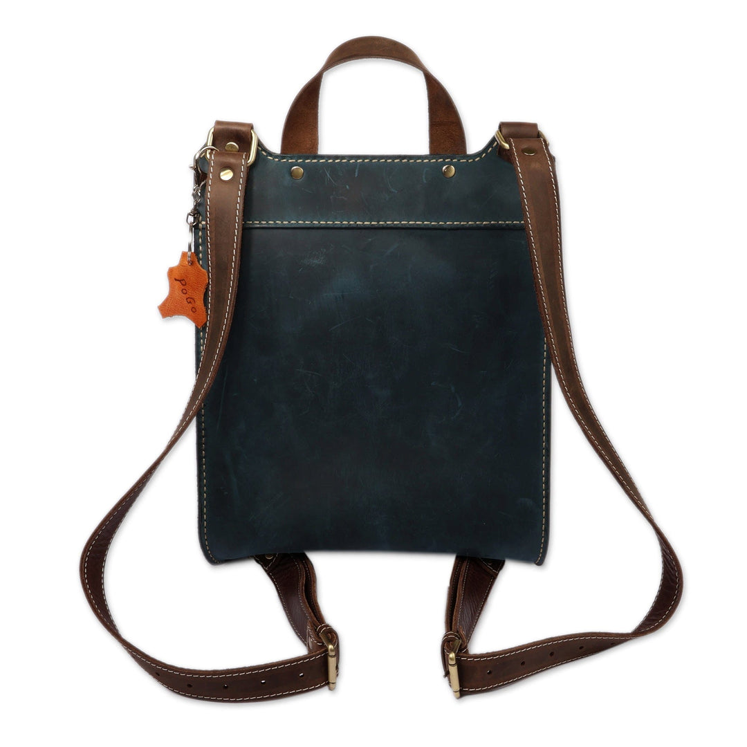 Classic Adjustable Green and Navy 100% Leather Backpack - Intellectual Essence
