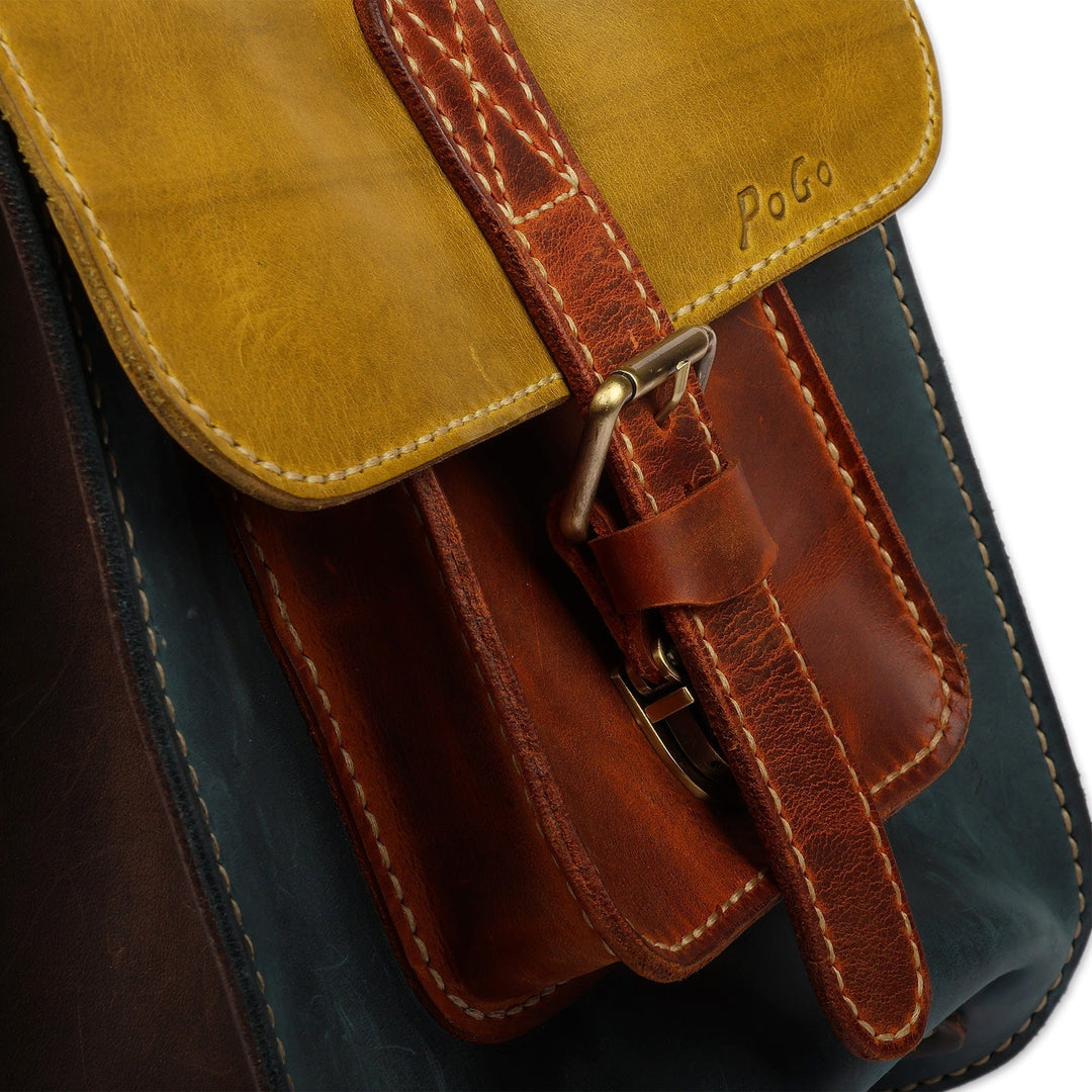 Classic Adjustable Green and Navy 100% Leather Backpack - Intellectual Essence