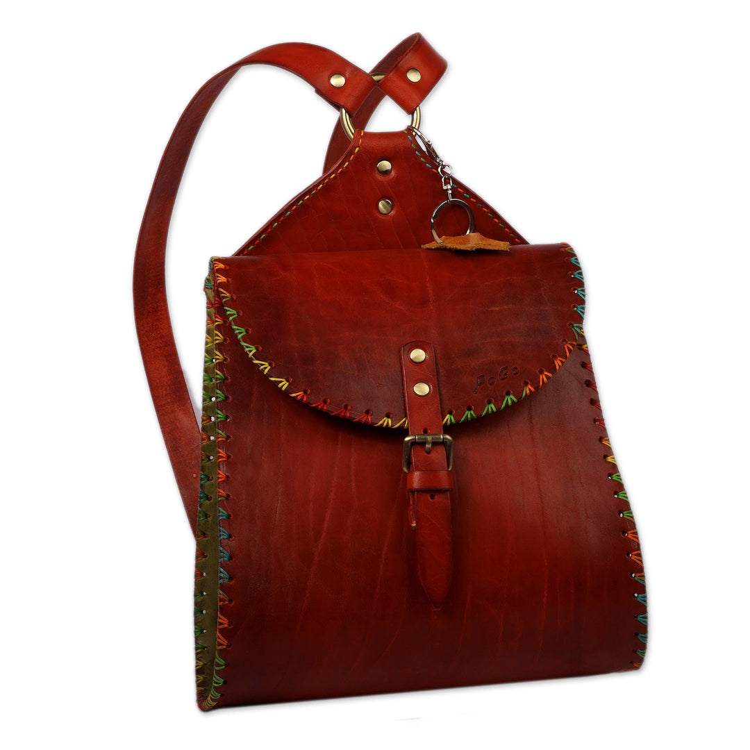 Rainbow-Accented Brown and Green Adjustable Leather Backpack - Dapper Rainbow