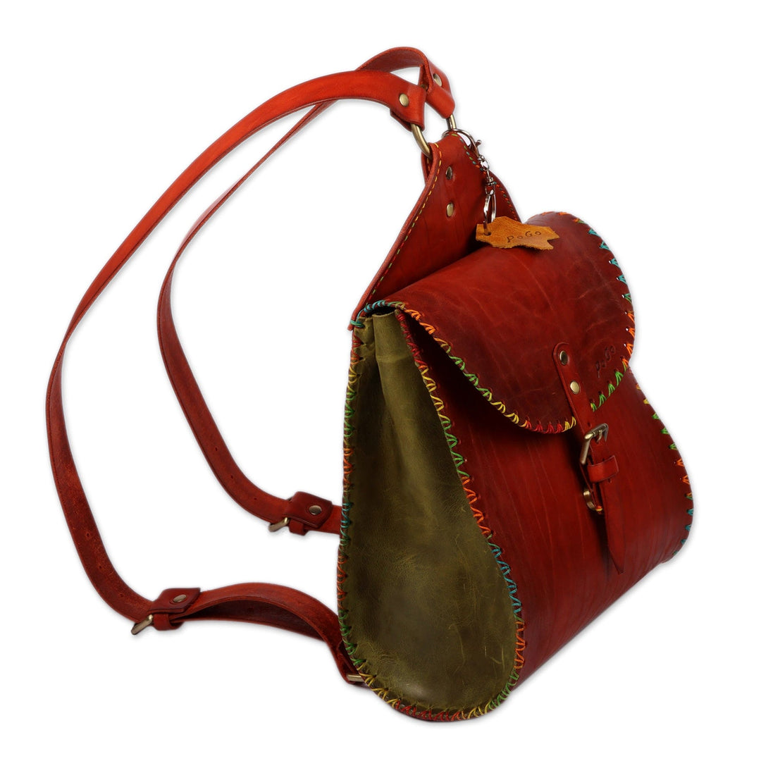 Rainbow-Accented Brown and Green Adjustable Leather Backpack - Dapper Rainbow