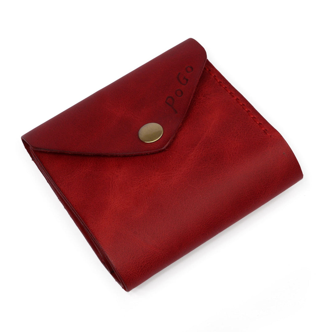 Handcrafted Minimalist Red Leather Wallet with Snap Closure - Rich Red