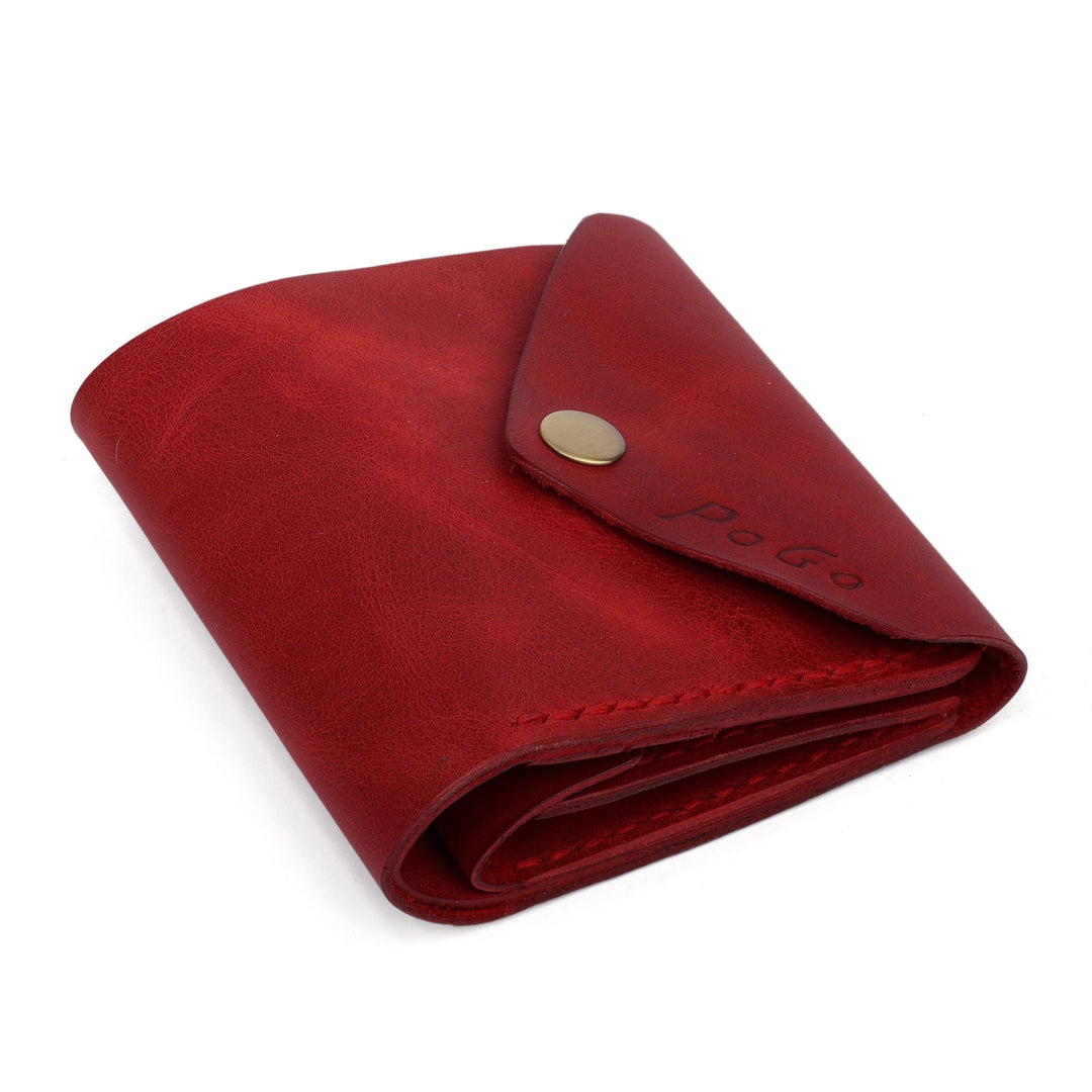 Handcrafted Minimalist Red Leather Wallet with Snap Closure - Rich Red