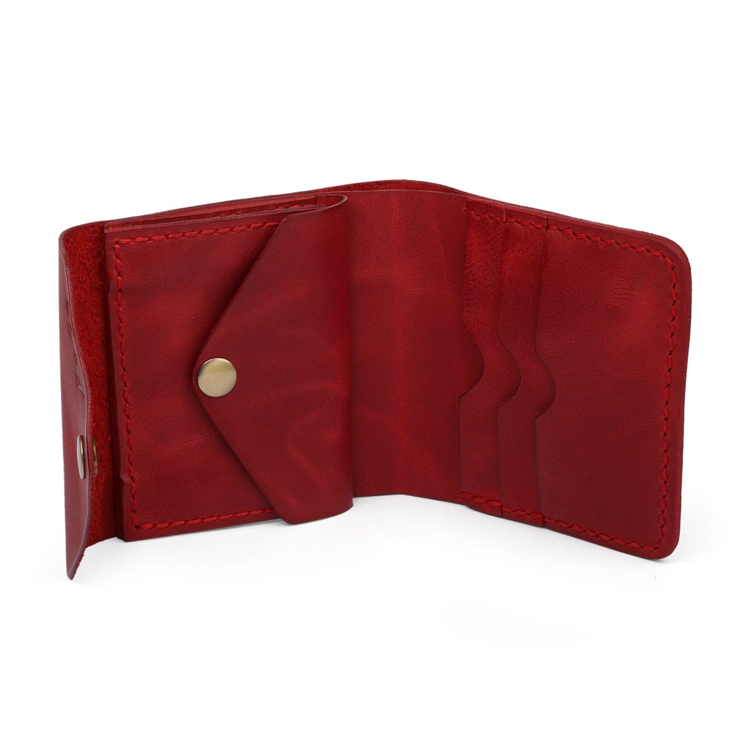 Handcrafted Minimalist Red Leather Wallet with Snap Closure - Rich Red
