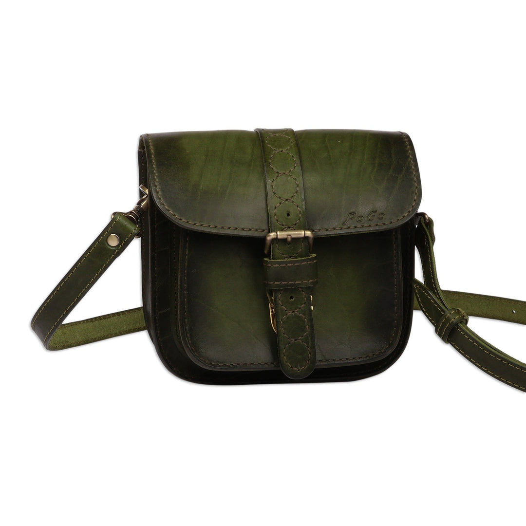 Adjustable Green Leather Sling Bag with Belt Buckle Closure - Sylvan Spirit