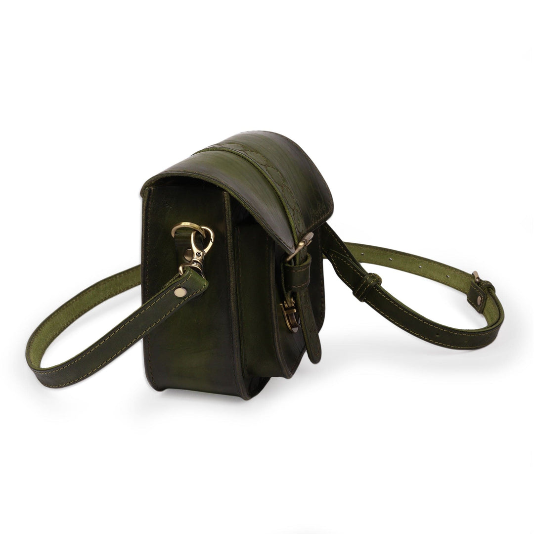 Adjustable Green Leather Sling Bag with Belt Buckle Closure - Sylvan Spirit