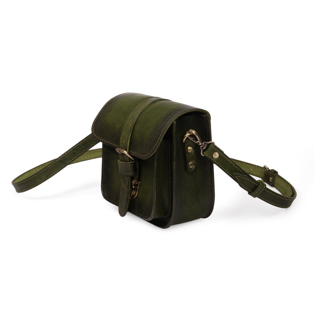 Adjustable Green Leather Sling Bag with Belt Buckle Closure - Sylvan Spirit
