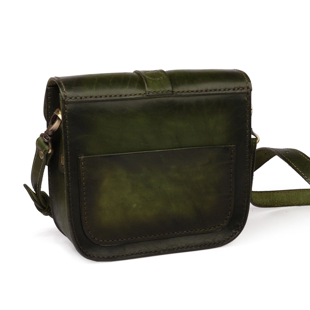 Adjustable Green Leather Sling Bag with Belt Buckle Closure - Sylvan Spirit