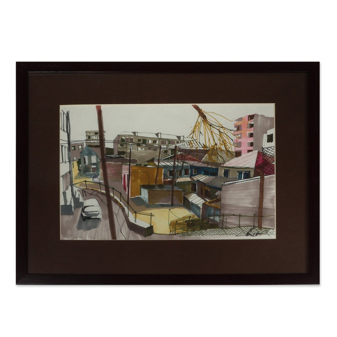 Signed Impressionist Yerevan Cityscape Ink on Paper Painting - Hidden Yerevan