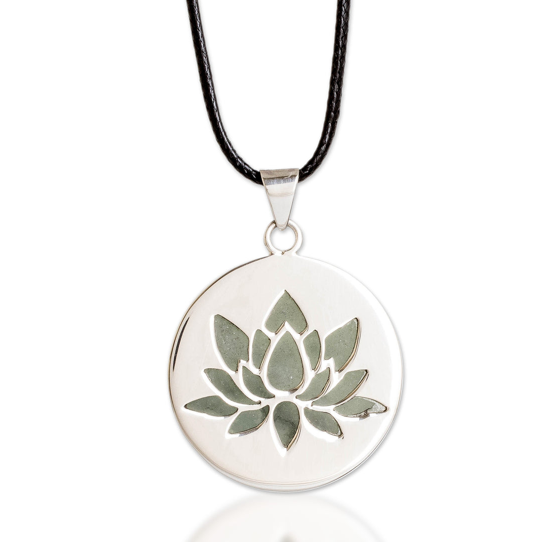 Round Sterling Silver Lotus Pendant Necklace with Green Jade - Perfect Joy