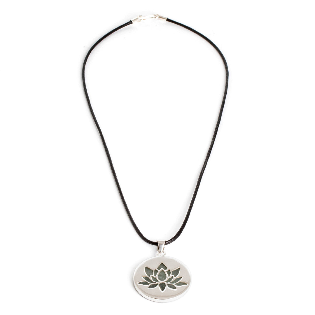 Round Sterling Silver Lotus Pendant Necklace with Green Jade - Perfect Joy
