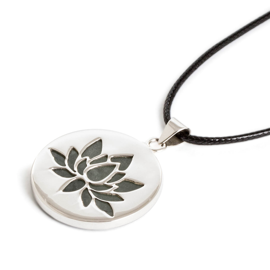 Round Sterling Silver Lotus Pendant Necklace with Green Jade - Perfect Joy