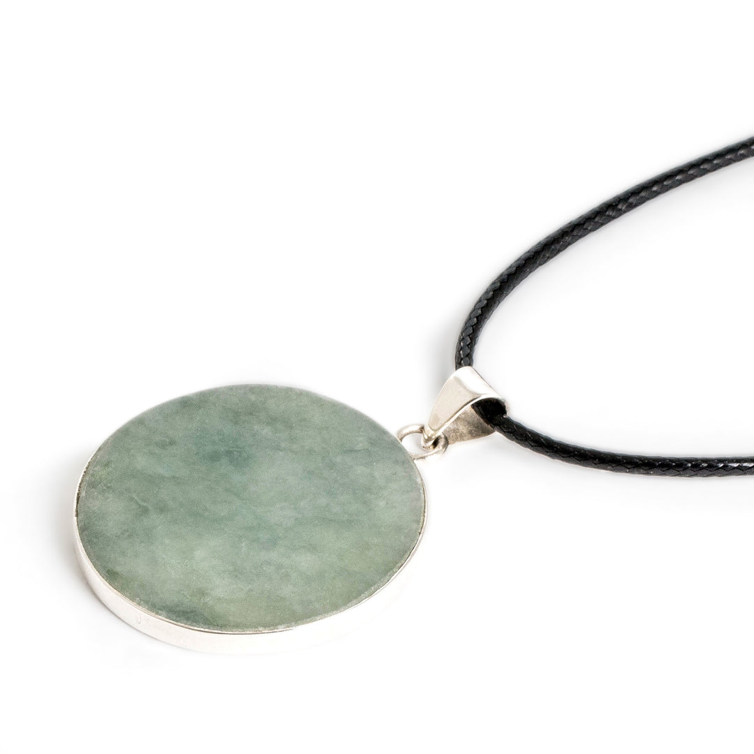 Round Sterling Silver Lotus Pendant Necklace with Green Jade - Perfect Joy