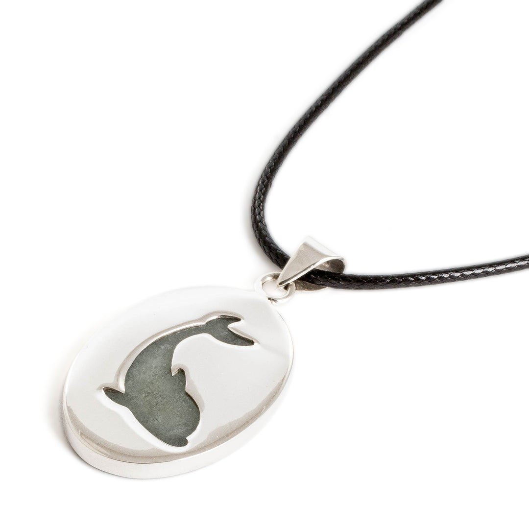 Polished Sterling Silver and Jade Dolphin Pendant Necklace - Spirited Peace