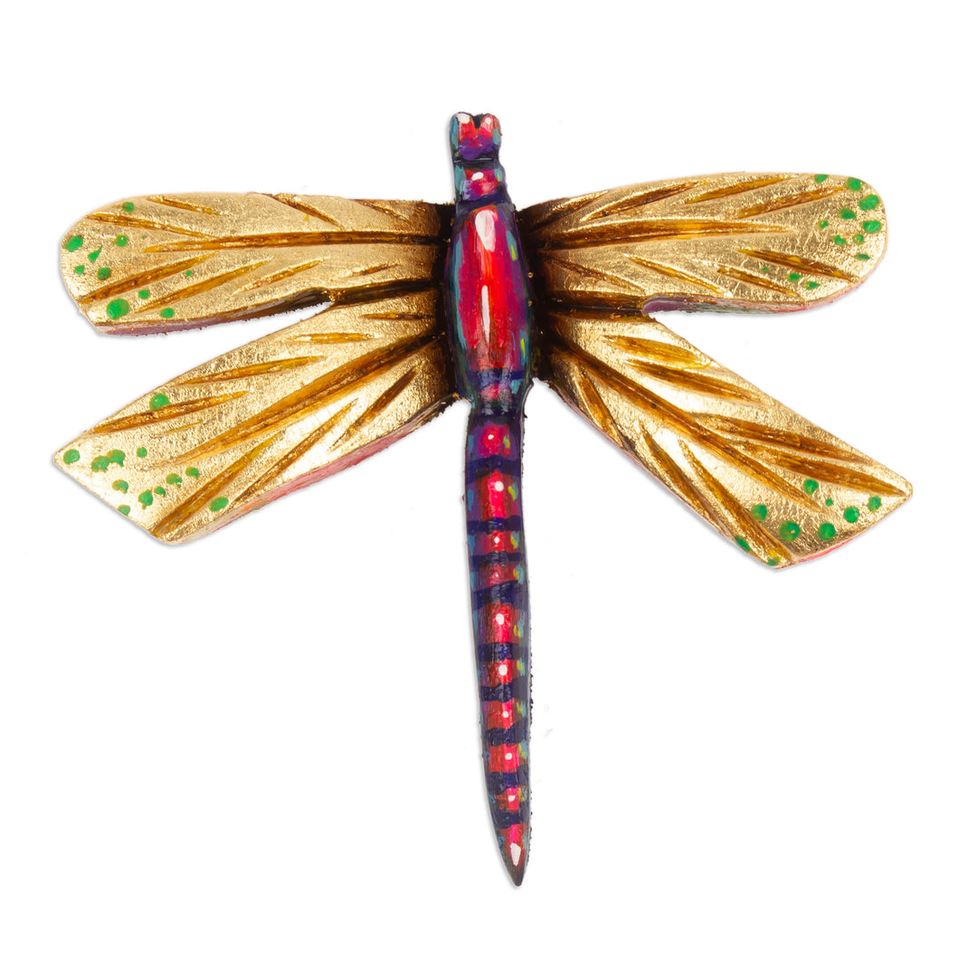 Golden and Pink Pinewood Dragonfly Magnet Carved in Mexico - Tiny Fluttering