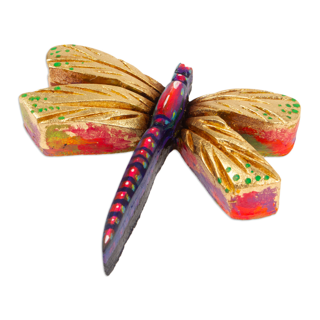 Golden and Pink Pinewood Dragonfly Magnet Carved in Mexico - Tiny Fluttering