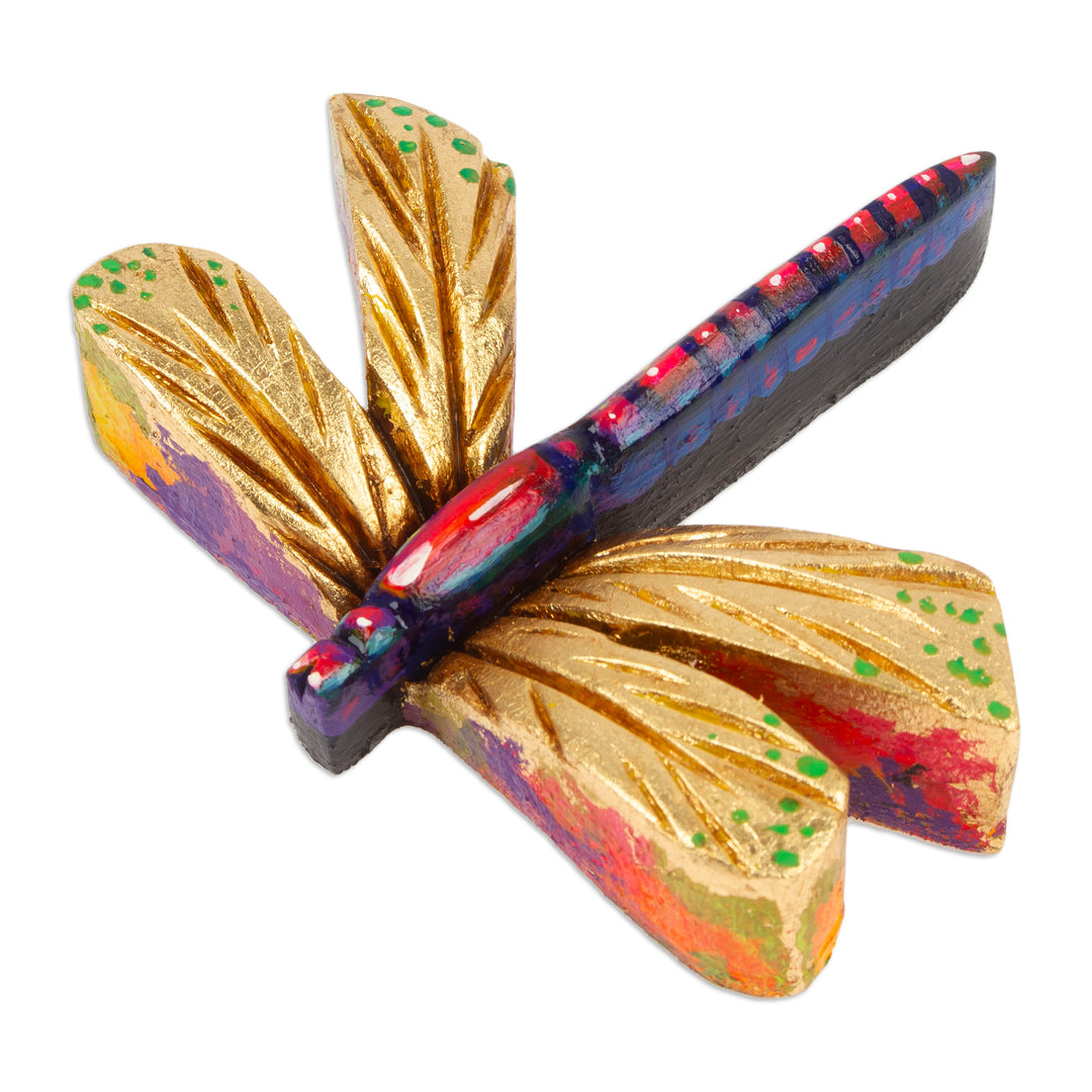 Golden and Pink Pinewood Dragonfly Magnet Carved in Mexico - Tiny Fluttering