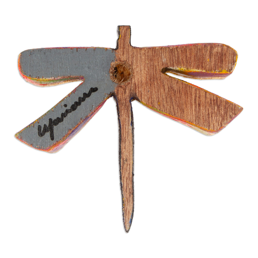 Golden and Pink Pinewood Dragonfly Magnet Carved in Mexico - Tiny Fluttering