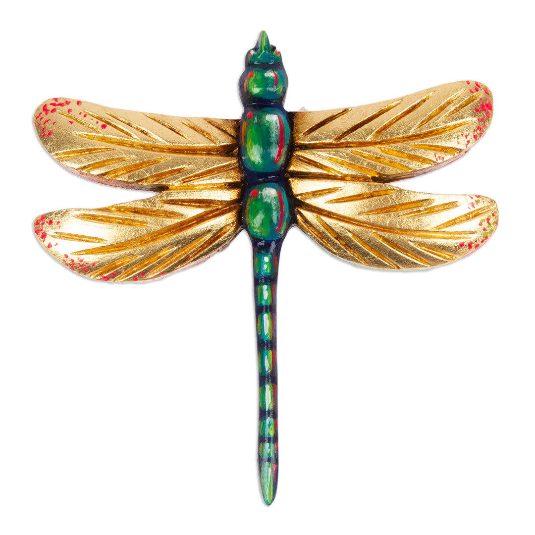 Hand-Carved Pinewood Dragonfly Magnet in Golden and Green - Splendorous Fluttering
