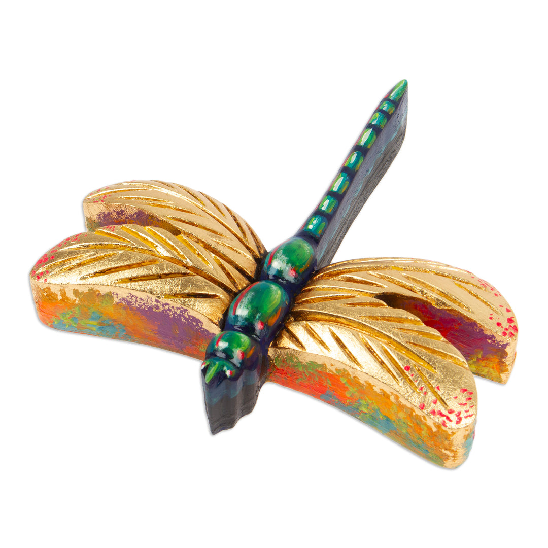 Hand-Carved Pinewood Dragonfly Magnet in Golden and Green - Splendorous Fluttering