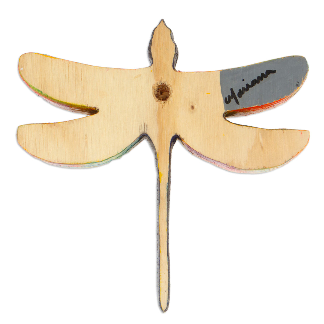 Hand-Carved Pinewood Dragonfly Magnet in Golden and Green - Splendorous Fluttering